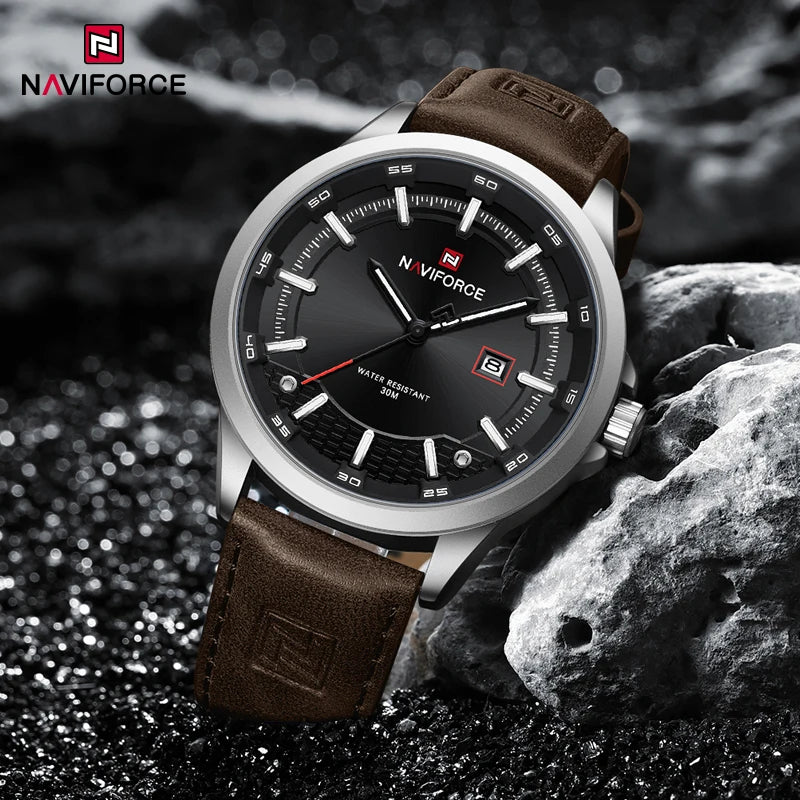 NAVIFORCE Nouvelle collection de montres pour hommes en cuir véritable confortable, mouvement japonais, date, étanche, cadeaux pour homme 2025