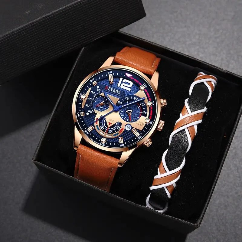 Ensemble 2 Pièces Montres Tendance Homme Calendrier Luxe Masculin Business Décontracté en Cuir Marron Montre à Quartz Homme Bracelet Montre-Bracelet