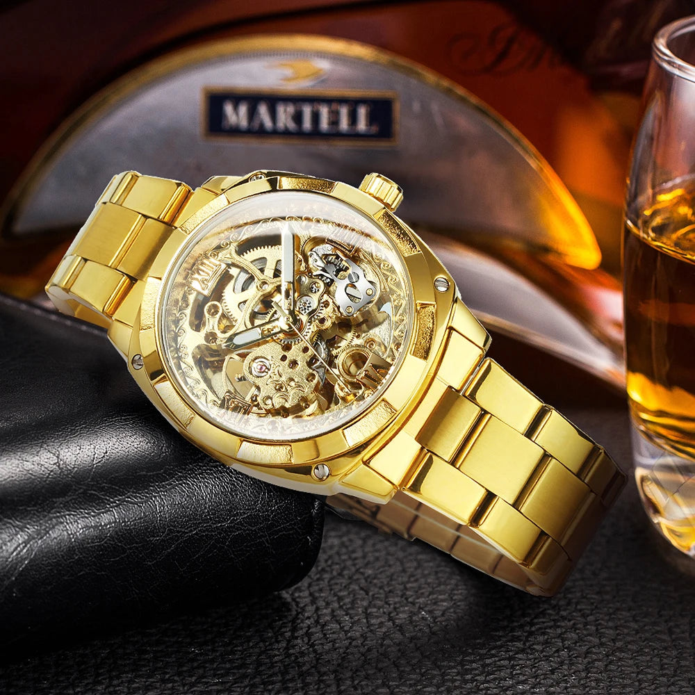 Forsining Montres mécaniques squelettes carrées Mouvement gravé de luxe Montre automatique rétro pour hommes Bracelet en acier Aiguilles lumineuses