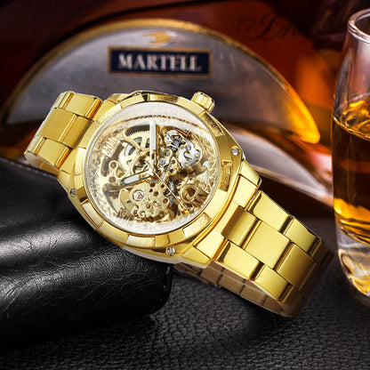 Forsining Montres mécaniques squelettes carrées Mouvement gravé de luxe Montre automatique rétro pour hommes Bracelet en acier Aiguilles lumineuses