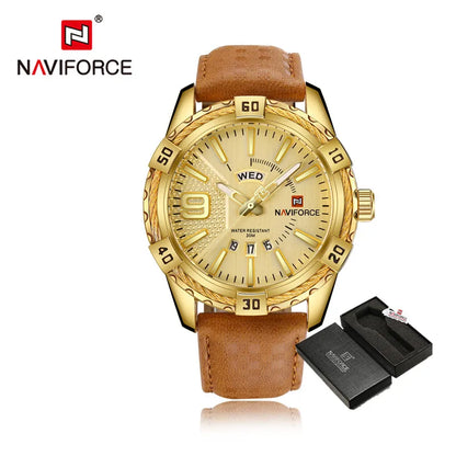 NAVIFORCE Montre Homme Tendance Or Luxe Sport Étanche Militaire Montre-bracelet Affaires Décontracté Bracelet en Cuir Date Horloge 9117
