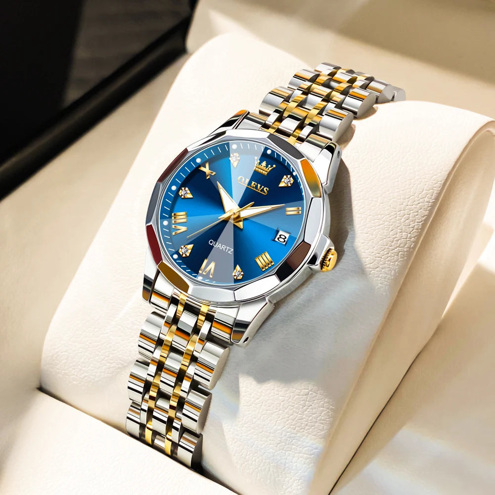 OLEVS Fashion Golden Watch for Women Stainless Steel Waterproof Women's Watches Elegant Original Luxury Ladies Quartz Wristwatch