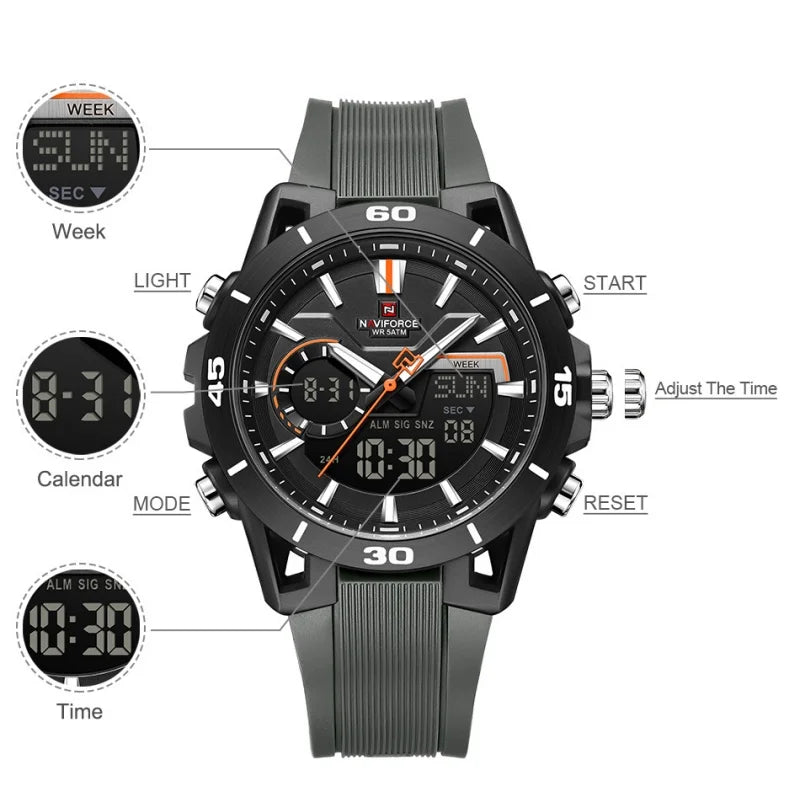 NAVIFORCE Montre Homme Double Affichage Étanche 50M Compte à Rebours Chronographe Réveil Montre-bracelet de Sport Tendance NF7135