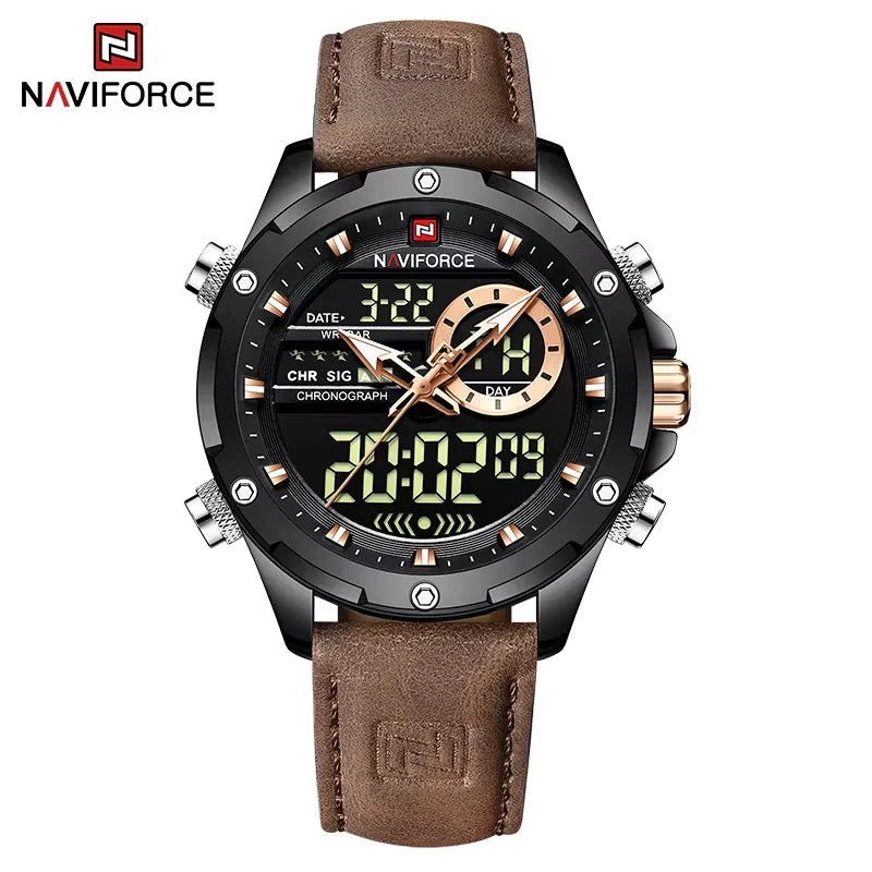 NAVIFORCE – Montres de mode pour homme, bracelet en cuir véritable, décontracté, militaire, étanche, chronographe numérique, mouvement à quartz, alarme
