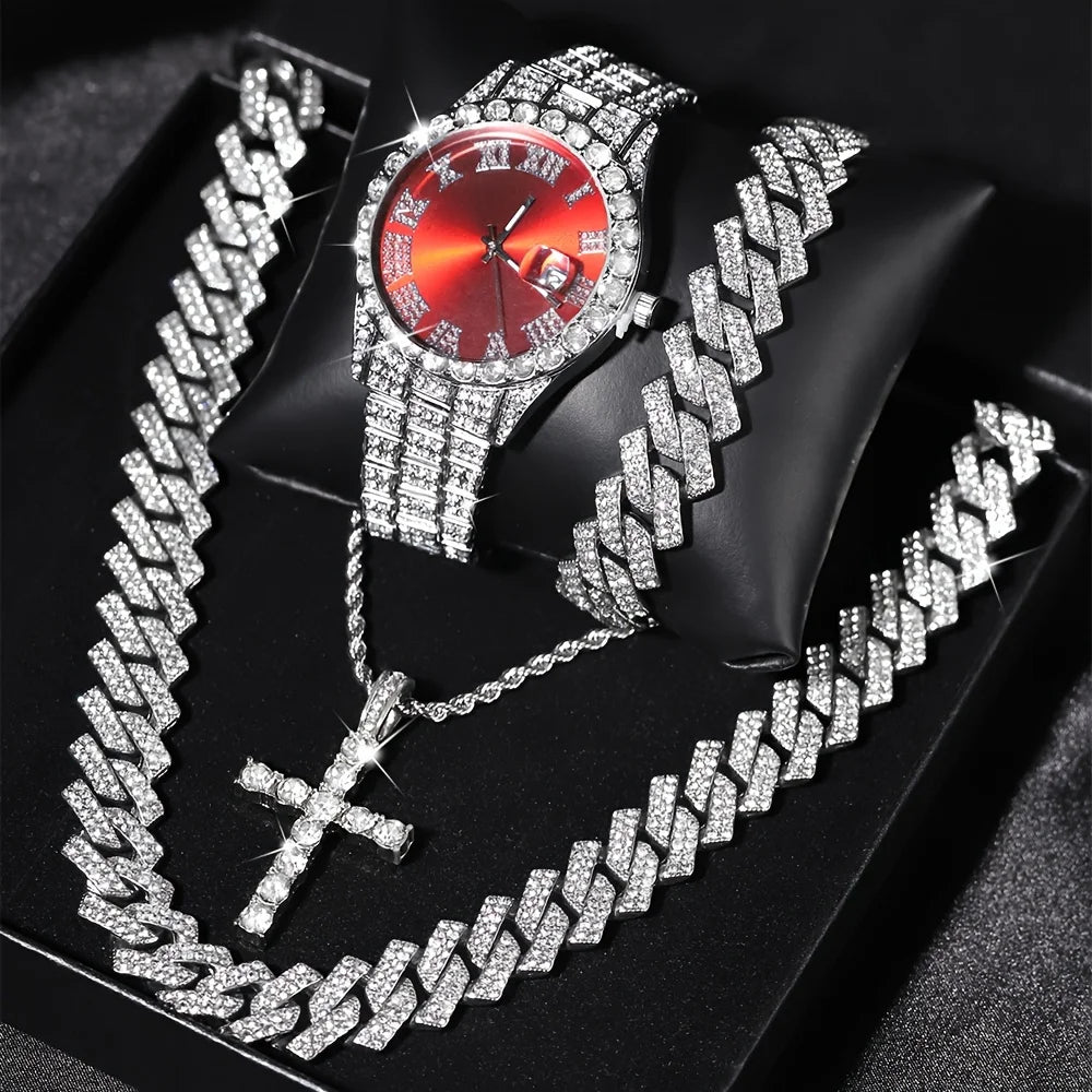 ChronoState Bling Ensemble de 4 pièces – Montre à quartz Hip Hop et collection de bijoux chaîne cubaine