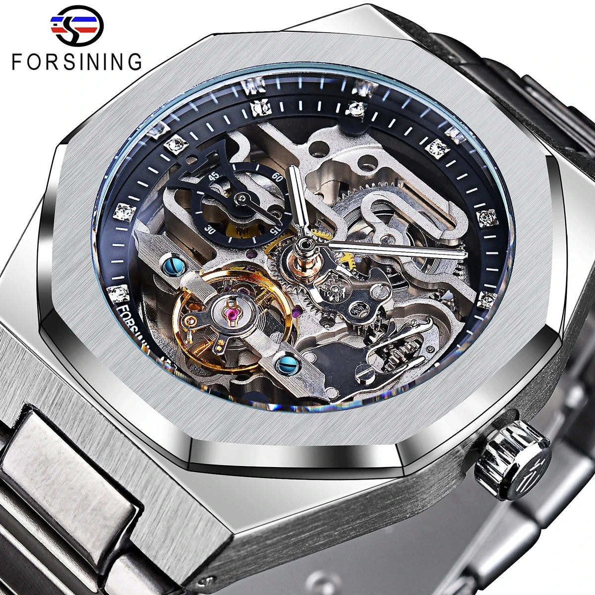 Montre mécanique automatique décontractée Forsining pour hommes, aiguilles lumineuses, bracelet en acier inoxydable, montres squelettes de luxe à la mode pour hommes