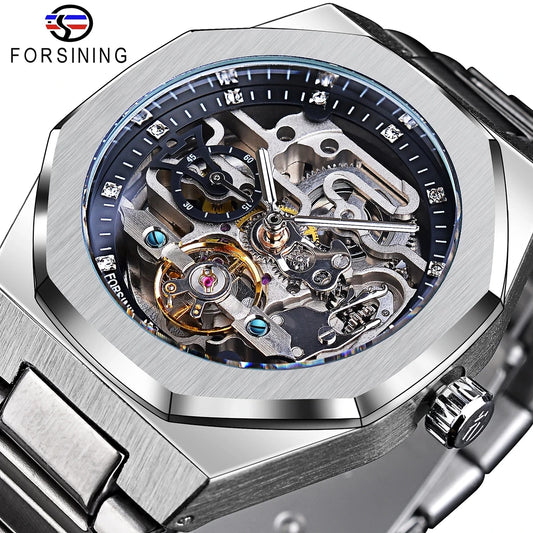 Montre mécanique automatique décontractée Forsining pour hommes, aiguilles lumineuses, bracelet en acier inoxydable, montres squelettes de luxe à la mode pour hommes
