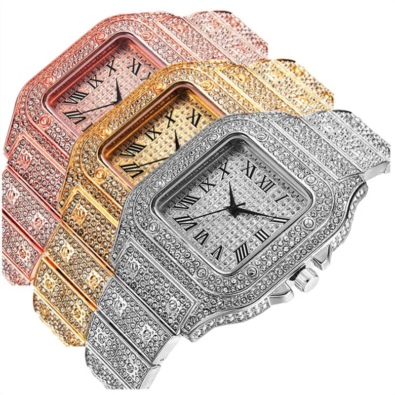 Montres de luxe en diamant pour hommes et femmes, montre en or, montre-bracelet pour dames, montres de luxe en strass, montres-bracelets unisexes, horloge féminine 2024 Nouveau