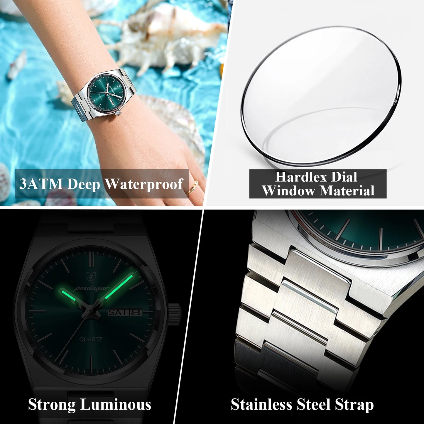 POEDAGAR Montres élégantes pour femmes Étanche Lumineux Date Semaine Montre Femme Quartz Acier inoxydable Montre-bracelet de mode pour femme