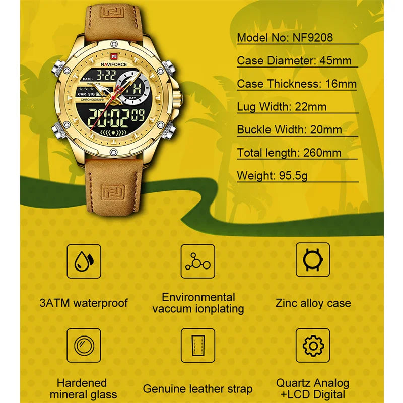 NAVIFORCE Montre-bracelet de luxe originale pour hommes, double fuseau horaire, sport, décontractée, chronographe, alarme, quartz, bracelet en cuir, étanche