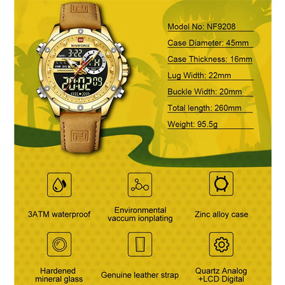 NAVIFORCE Montre-bracelet de luxe originale pour hommes, double fuseau horaire, sport, décontractée, chronographe, alarme, quartz, bracelet en cuir, étanche