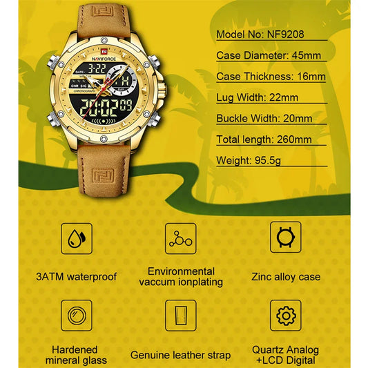 NAVIFORCE Montre-bracelet de luxe originale pour hommes, double fuseau horaire, sport, décontractée, chronographe, alarme, quartz, bracelet en cuir, étanche