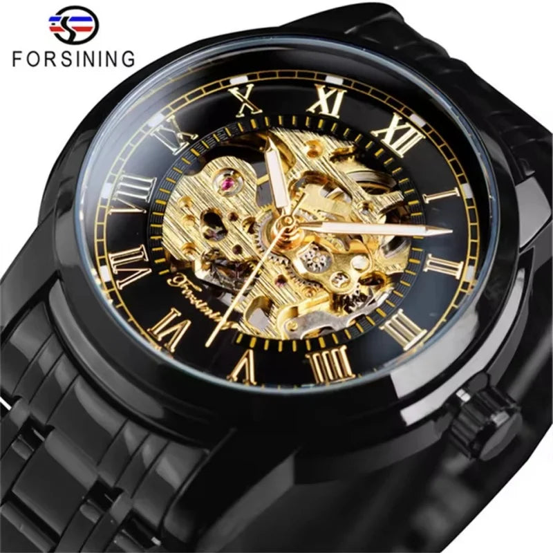 Forsining 349 Montre mécanique pour homme, boîtier rond, squelette, acier inoxydable, argenté et noir, montres-bracelets manuelles pour homme