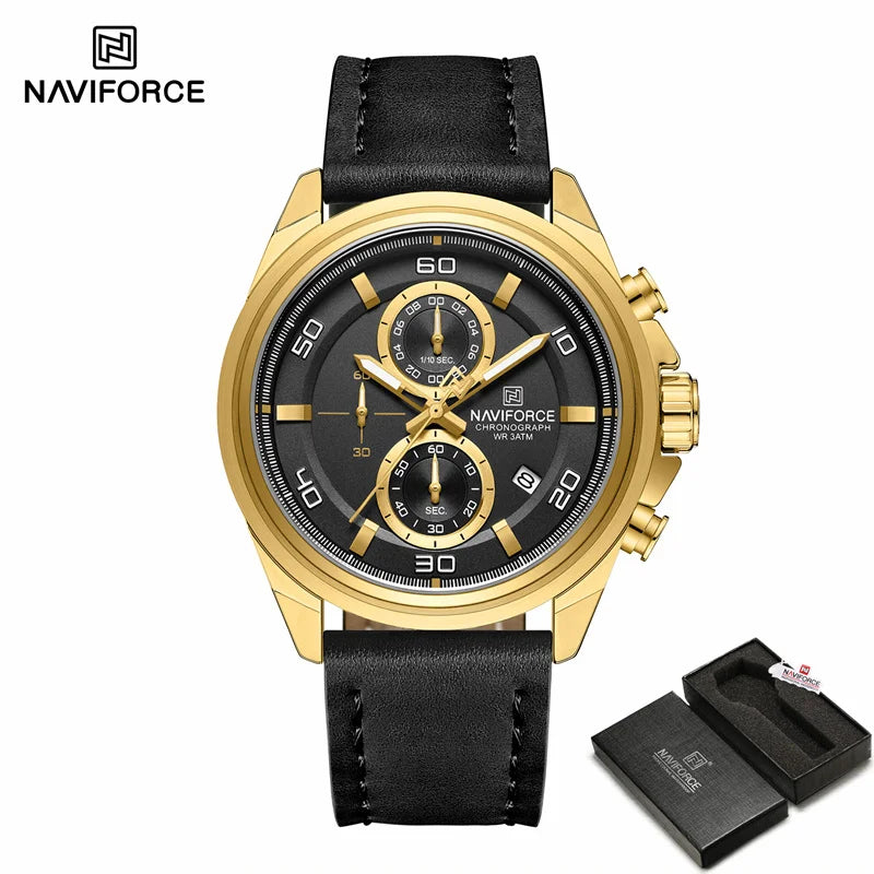 Montre homme décontractée NAVIFORCE Résistante à l'eau 3 ATM, calendrier, cadran lumineux avec bracelet en cuir, cadeau, design original