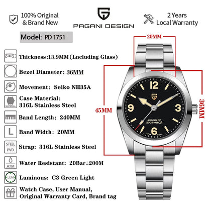 PAGANI DESIGN 2026 New 36MM Men Automatic Mechanical Watches NH35 Sapphire Stainless Steel AR Coating 20Bar Clock Watch for Men