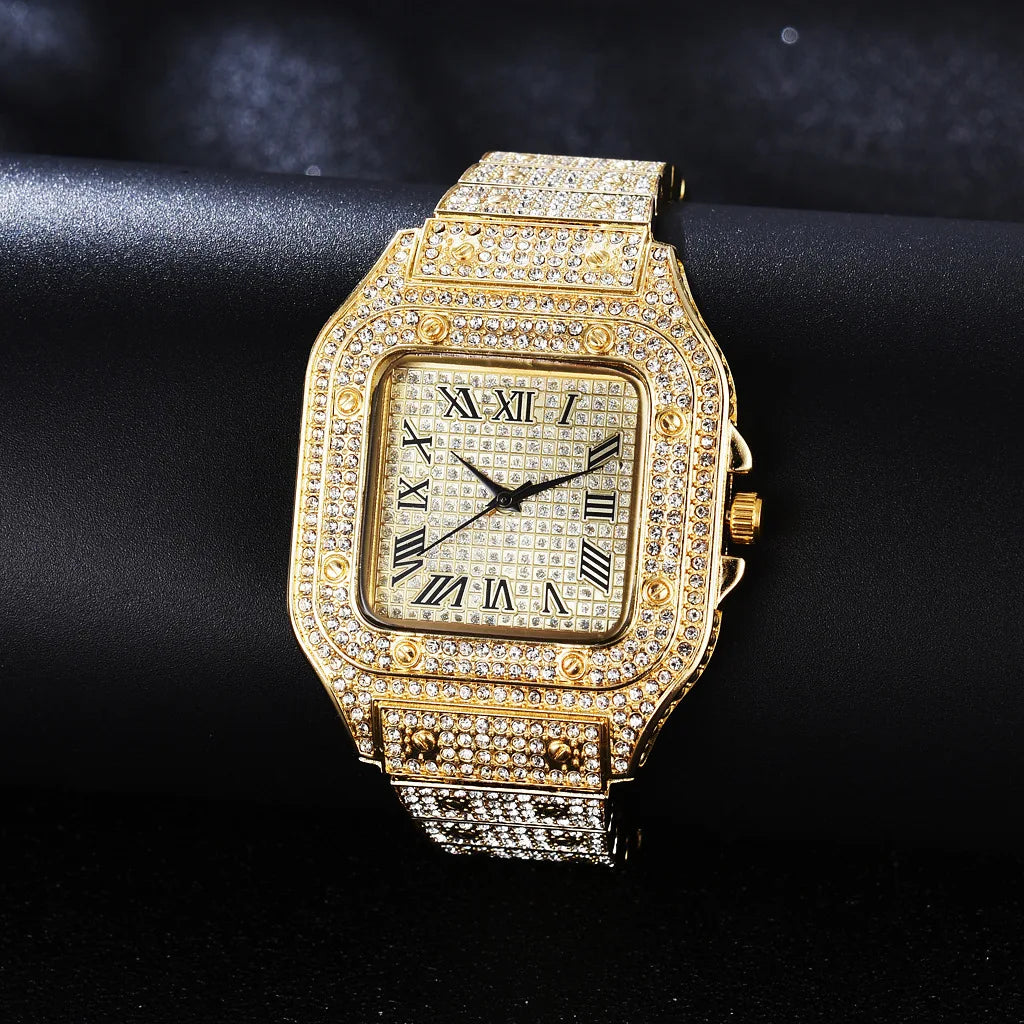 Montres de luxe en diamant pour hommes et femmes, montre en or, montre-bracelet pour dames, montres de luxe en strass, montres-bracelets unisexes, horloge féminine 2024 Nouveau