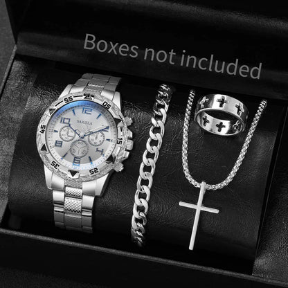 4 pièces/ensemble Montres Homme en Acier Inoxydable Tendance Montre-Bracelet à Quartz de Luxe Ensemble de Bijoux Reloj Hombre (Boîte non incluse)