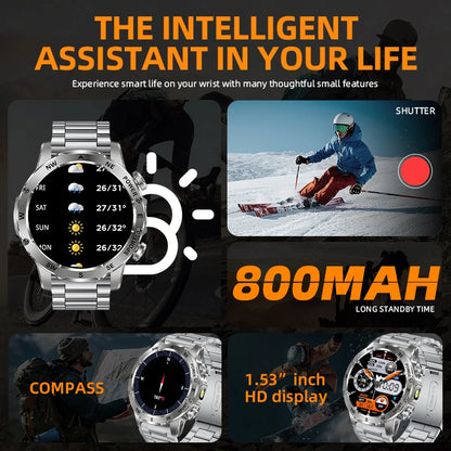 New 2026 Outdoor 800mAh Large Battery Smart Watch Men LED Flashlight Bluetooth Call Compass Sports Fitness Waterproof Smarwatch