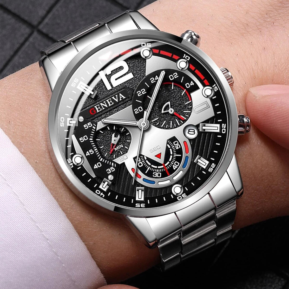 Montre-bracelet à quartz analogique pour homme avec bracelet en acier inoxydable et calendrier