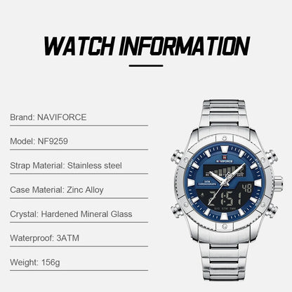 Montre NAVIFORCE Originale Neuve pour Hommes Double Affichage Heure Étanche Acier Inoxydable Multifonction Compte à Rebours Sports Réveil