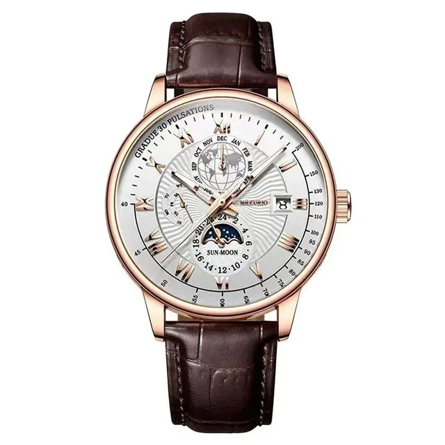 Men's leather strap watch with date display and luminous dial