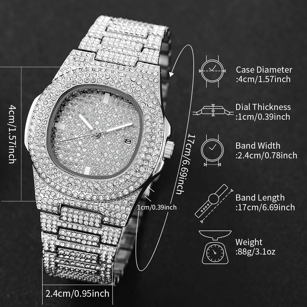 Full Diamond Stainless Steel Watch with Calendar 40mm