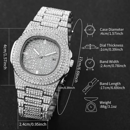 Full Diamond Stainless Steel Watch with Calendar 40mm