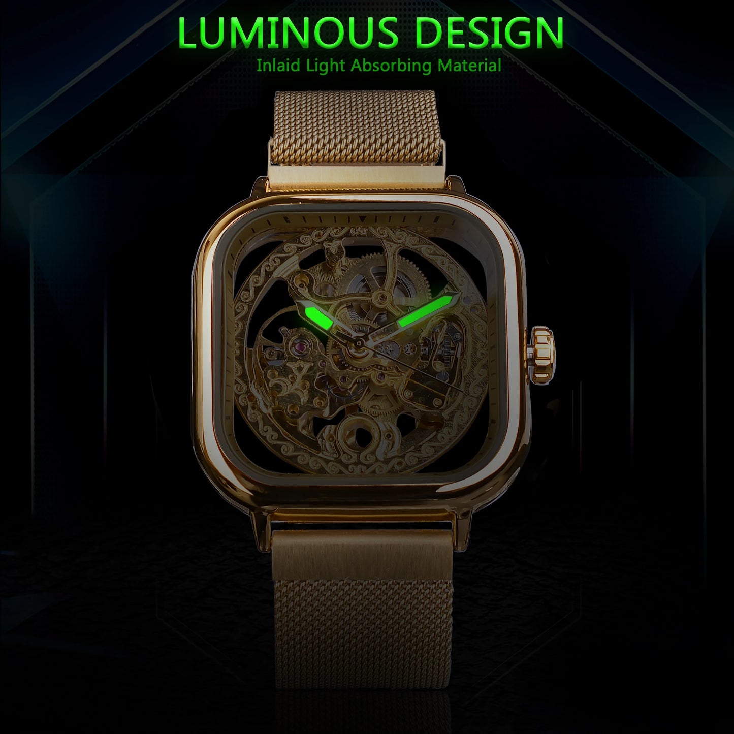 Forsining Montres mécaniques pour hommes, à remontage automatique, dorées transparentes, mode, maille acier, montre-bracelet squelette pour homme, chaude du moment