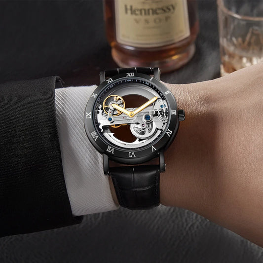 Skeleton automatic watch with leather strap and open-work dial