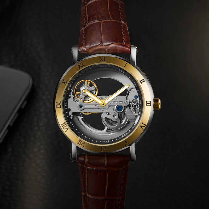 Skeleton automatic watch with leather strap and open-work dial