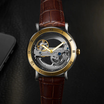 Skeleton automatic watch with leather strap and open-work dial