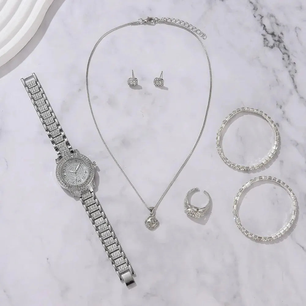 6 montres pour femme de luxe élégantes en alliage avec cristaux, bracelet en strass, montre à quartz, cadeau pour femme