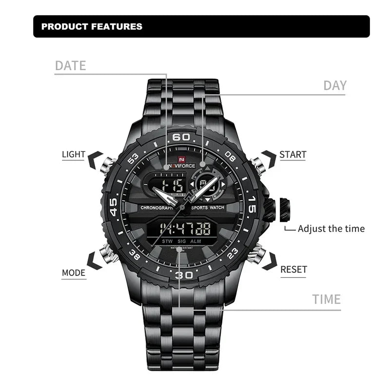 Top Marque NAVIFORCE Montre Homme Analogique LCD Numérique Bracelet en Acier Inoxydable Étanche Date Horloge Cadeaux