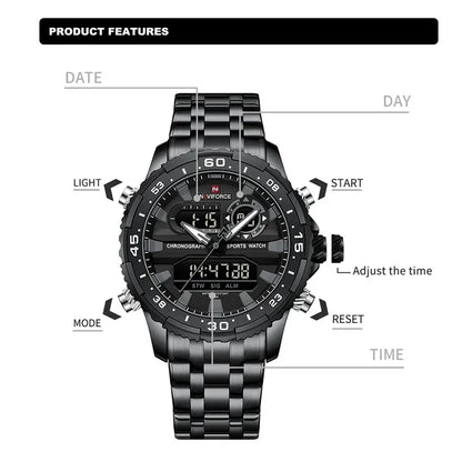 Top Marque NAVIFORCE Montre Homme Analogique LCD Numérique Bracelet en Acier Inoxydable Étanche Date Horloge Cadeaux