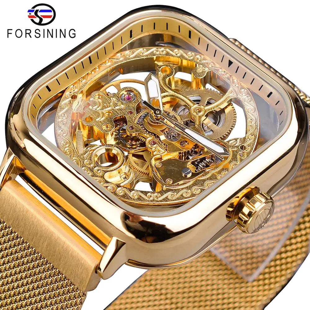 Forsining Montres mécaniques pour hommes, à remontage automatique, dorées transparentes, mode, maille acier, montre-bracelet squelette pour homme, chaude du moment
