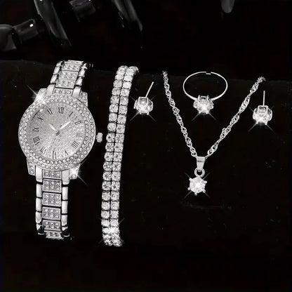 6 montres pour femme de luxe élégantes en alliage avec cristaux, bracelet en strass, montre à quartz, cadeau pour femme