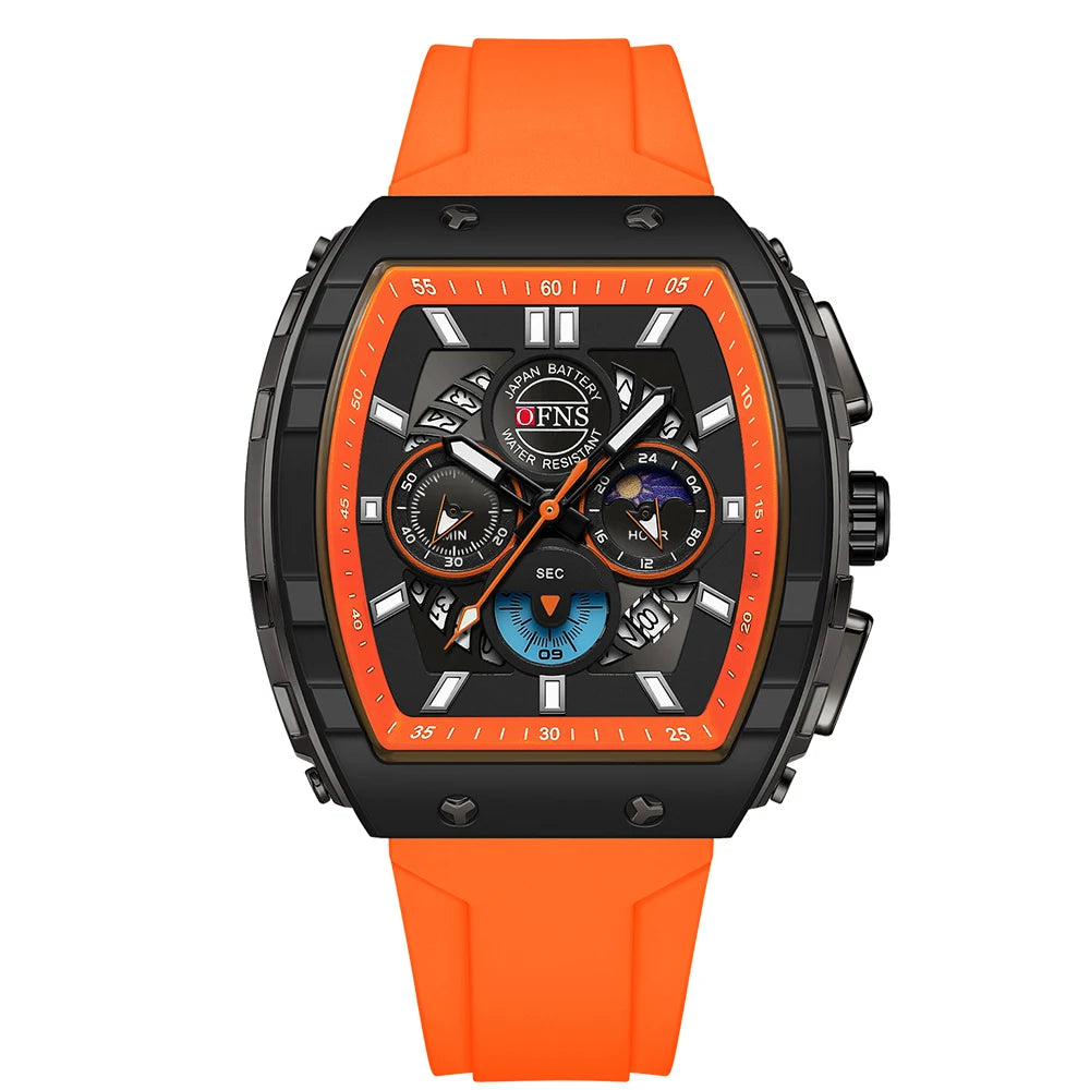 Montres-bracelets de mode en quartz OFNS pour homme, lumineuses, étanches, chronographe, calendrier, bracelet en silicone, montre de sport de luxe d'extérieur pour homme