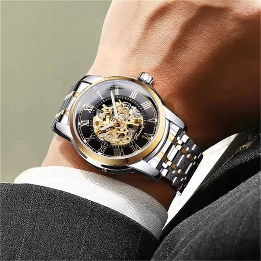 Forsining 349 Montre mécanique pour homme, boîtier rond, squelette, acier inoxydable, argenté et noir, montres-bracelets manuelles pour homme