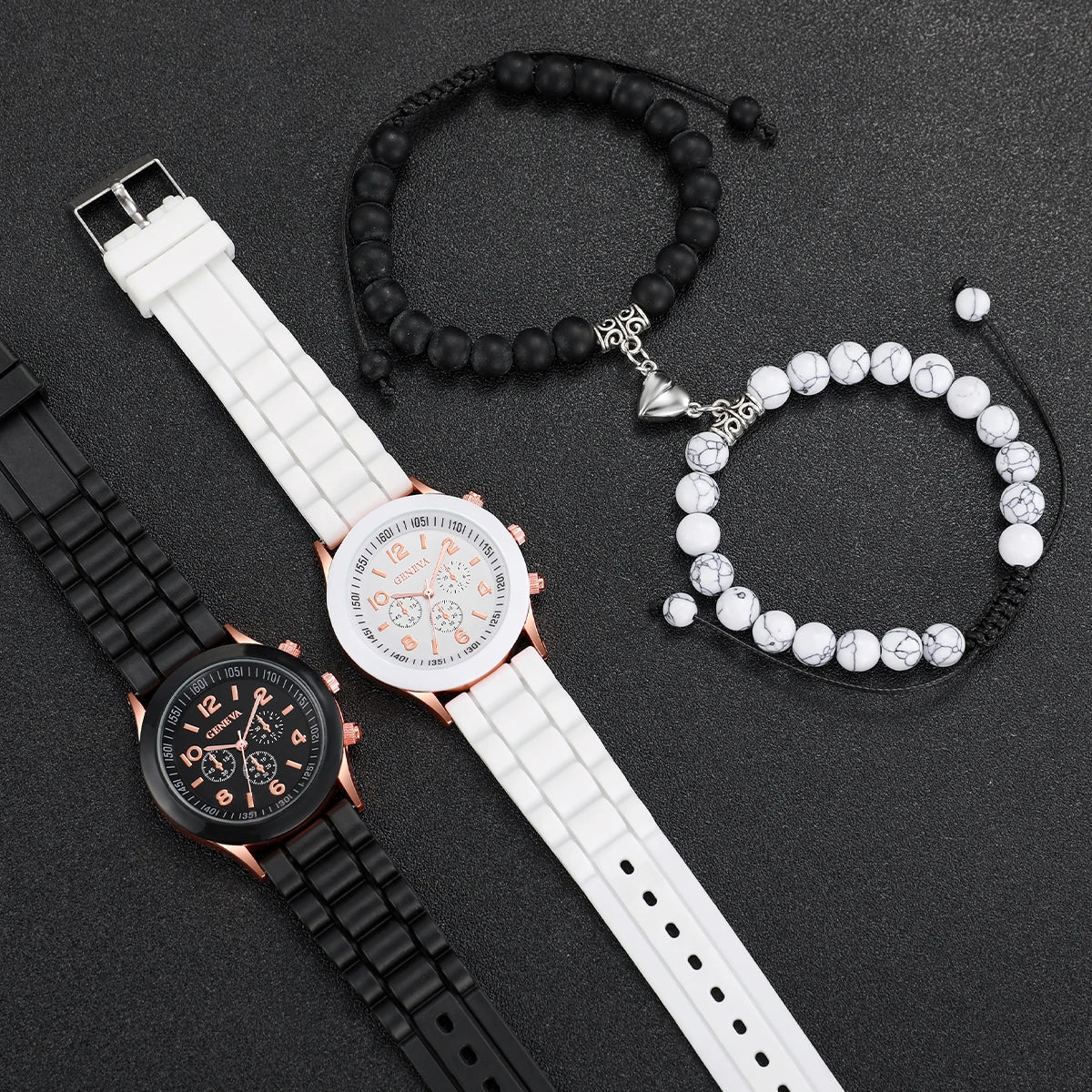 Montres de couple 4 pièces, à la mode, pour femmes arabes, montres-bracelets décontractées à quartz avec bracelet en silicone et bracelets magnétiques en forme de cœur