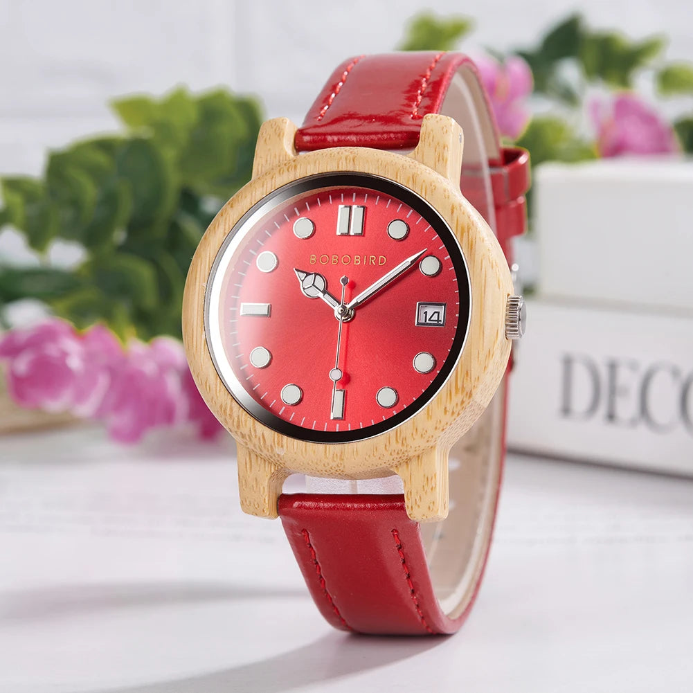 Montre-bracelet en bambou BOBO BIRD pour femme avec bracelet en cuir véritable, naturelle, légère, élégante, cadeau mode pour elle