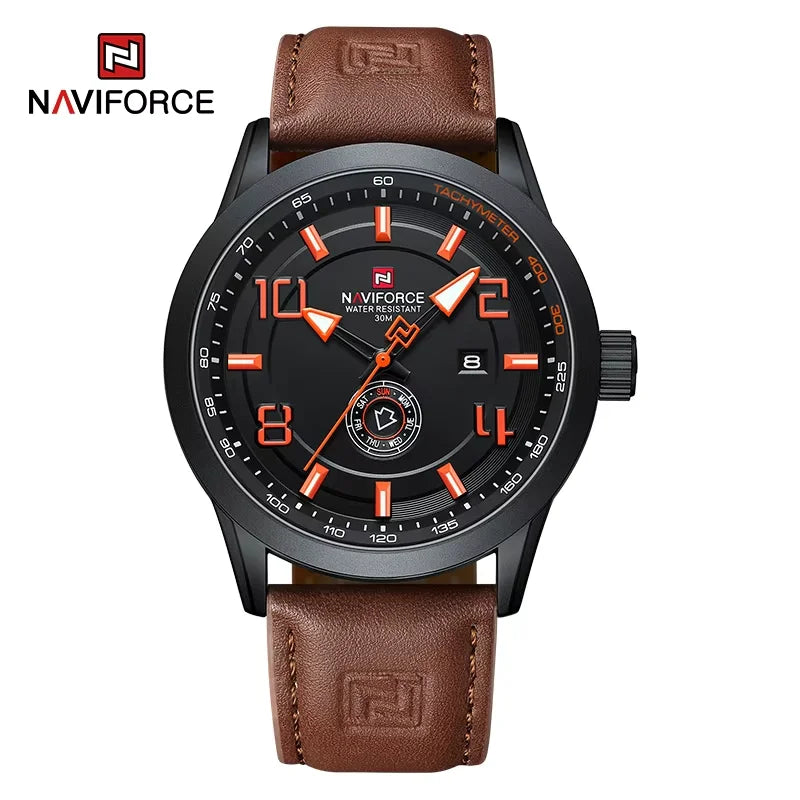 Montre-bracelet décontractée tendance NAVIFORCE pour homme, montre militaire de sport étanche avec bracelet en cuir, mouvement à quartz, calendrier