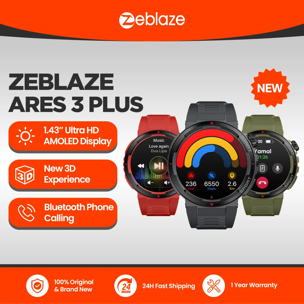 Nouvelle montre connectée Zeblaze Ares 3 Plus avec écran AMOLED HD de 1,43'', appels vocaux et suivi interactif 3D de la santé et de la forme physique