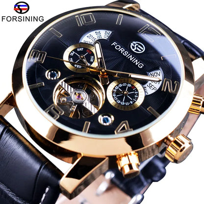 Montre mécanique automatique Forsining Tourbillon Fashion Wave noire et dorée multifonction pour homme, marque de luxe de qualité supérieure