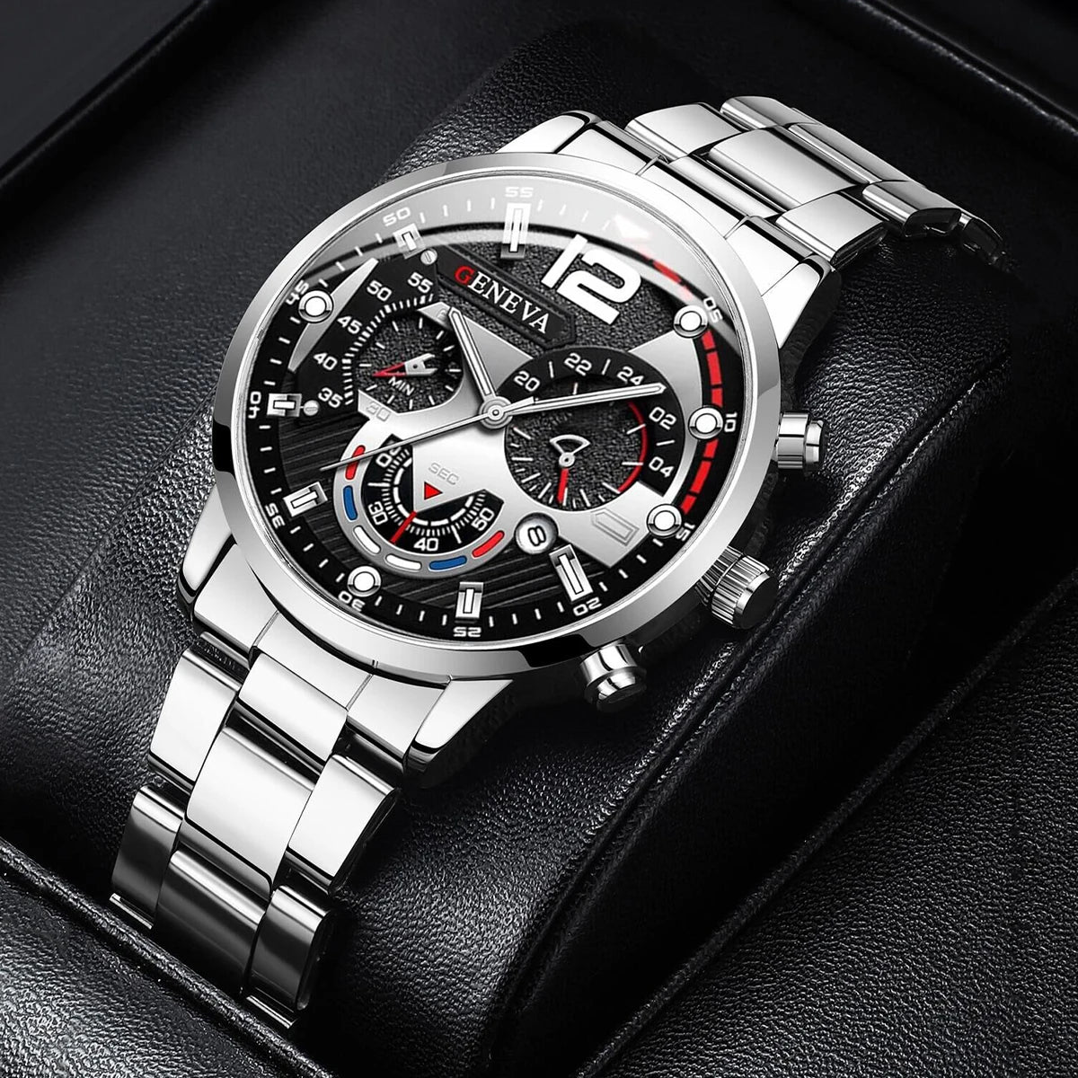 Montre-bracelet à quartz analogique pour homme avec bracelet en acier inoxydable et calendrier