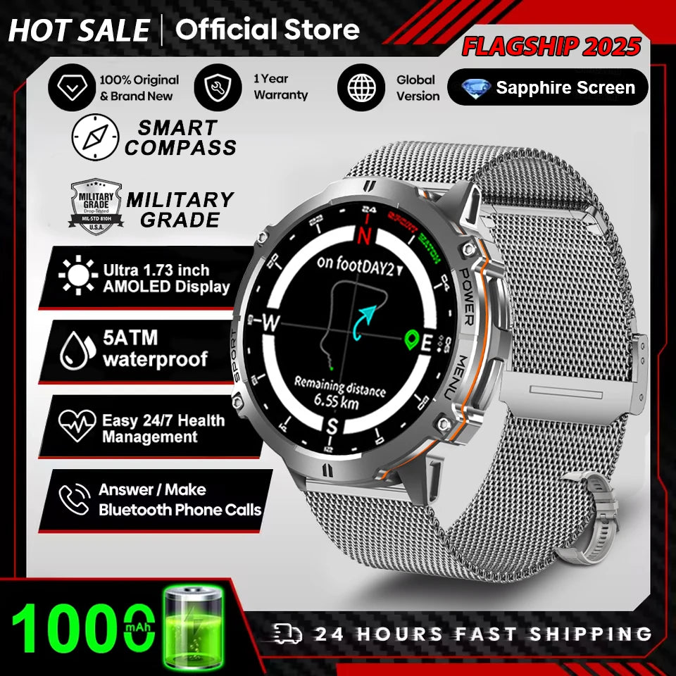 Montre Connectée Militaire 2026 TANK X3 Homme Écran AMOLED 1.73" Étanche 5ATM Batterie 1000mAh GPS Suivi Sportif Fitness