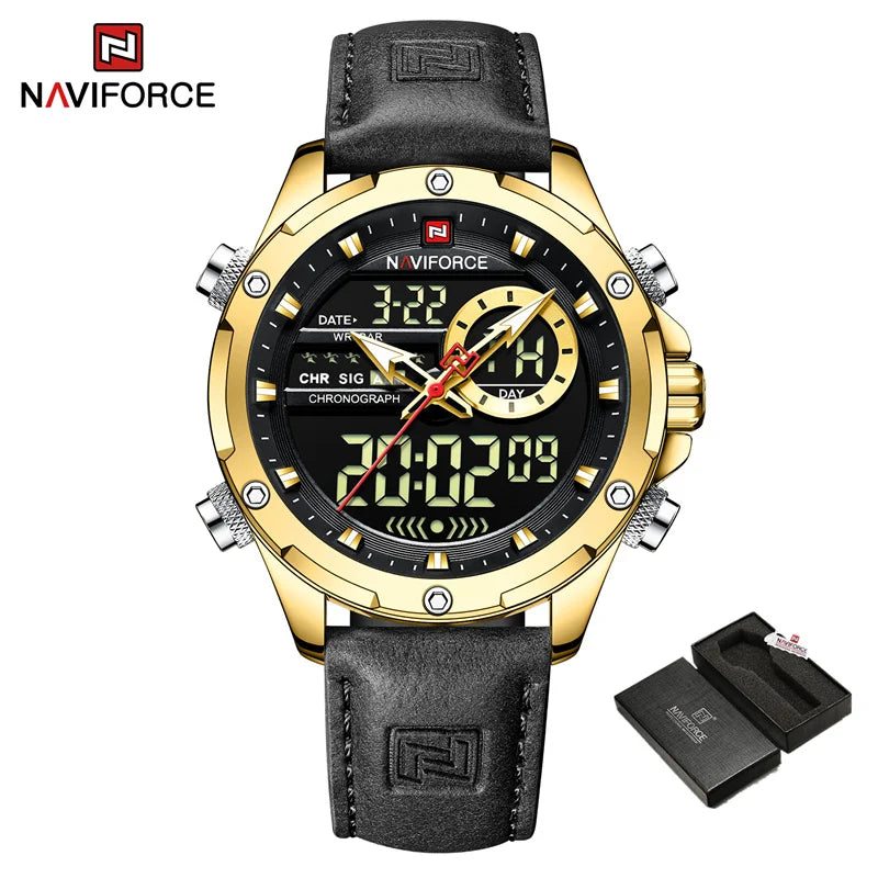 Montres originales Naviforce pour hommes 2022 Montre-bracelet pour hommes de luxe, sport et étanche avec bracelet en cuir et double affichage du calendrier
