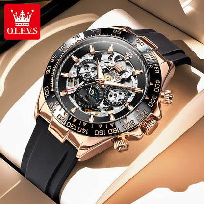 OLEVS 6713 Business Men's Watches Moon Phase Luminous Calendar Skeleton Automatic Mechanical Wristwatch for Man