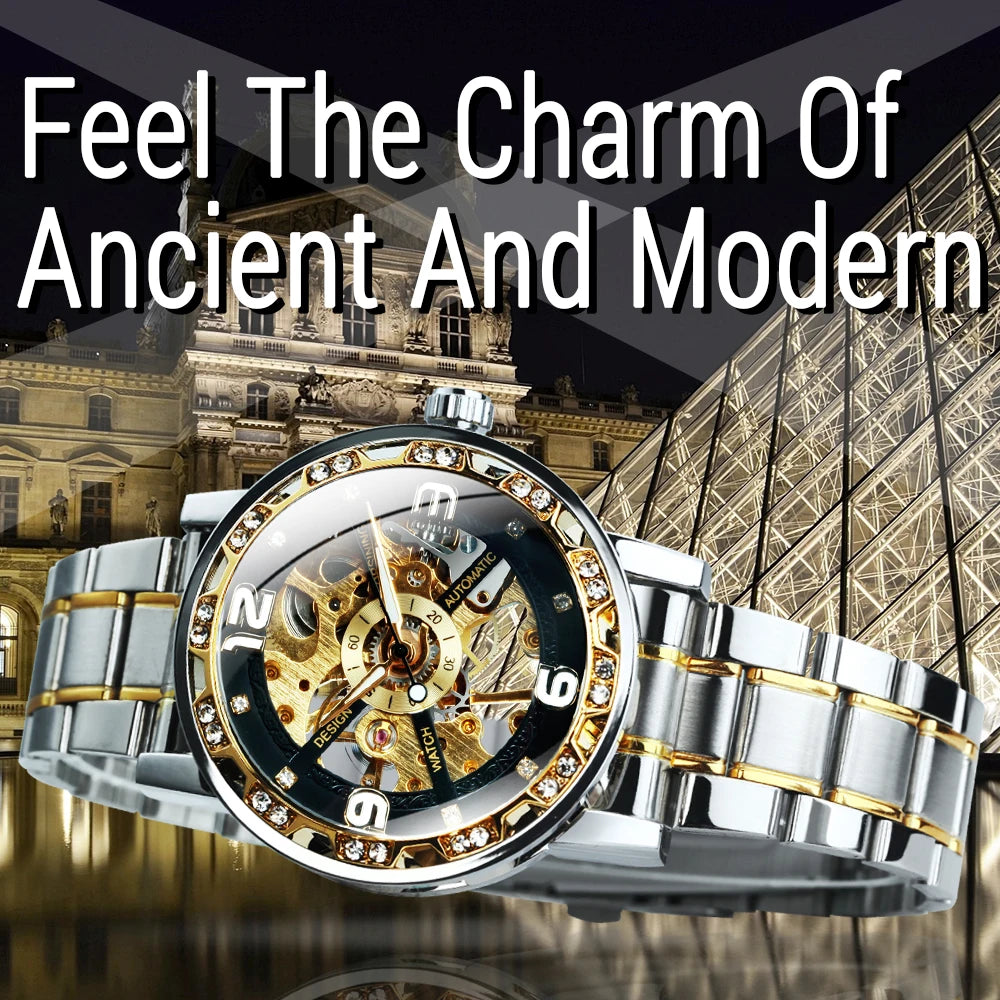Forsining Luxury Diamond Mechanical Watches Luminous Hands Retro Skeleton Gold Watch for Men Stainless Steel Strap Wristwatches