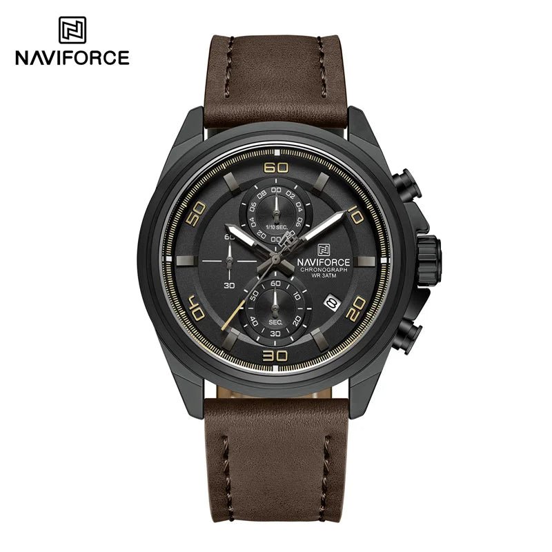 Montre homme décontractée NAVIFORCE Résistante à l'eau 3 ATM, calendrier, cadran lumineux avec bracelet en cuir, cadeau, design original