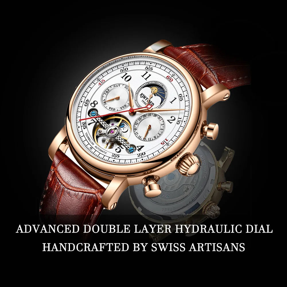 KINYUED Luxury Watches for Men Automatic Mechanical Moon Phase Men Watches Hollow Design Leather Strap Male Business Wristwatch